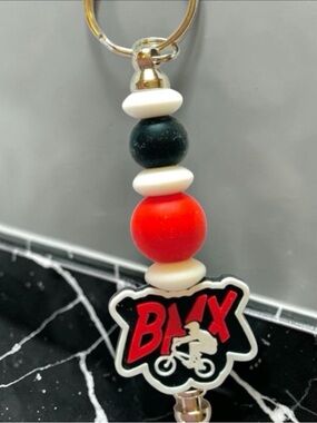 BMX Red Black Beaded Keychain,  bag charm, toggle handmade